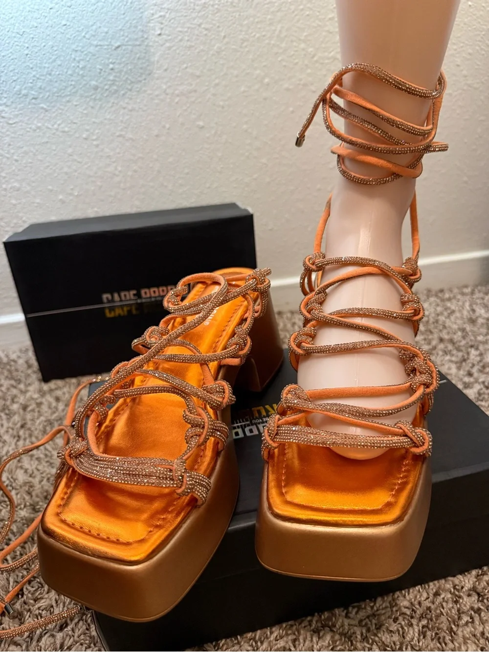 Cape Robbin Metallic Orange Strappy Platform Heels